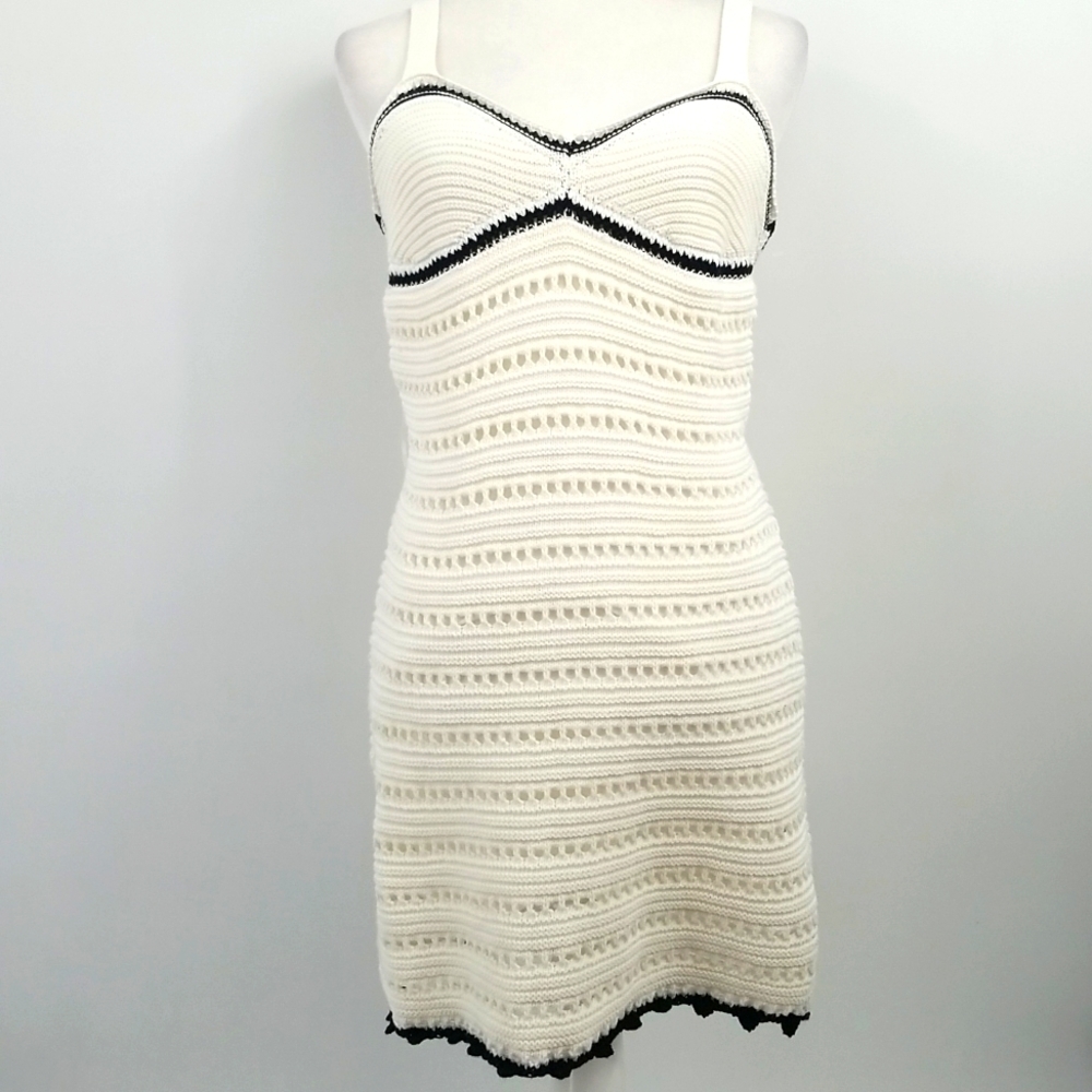 Free People Devvy Mini Dress Lined Crochet‎ Knit Cream w/Black Trim & Low Back